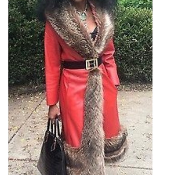 Vtg Designer Samuel Robert Lipstick red leather & Raccoon fur trim Jacket Coat S - Picture 2 of 12